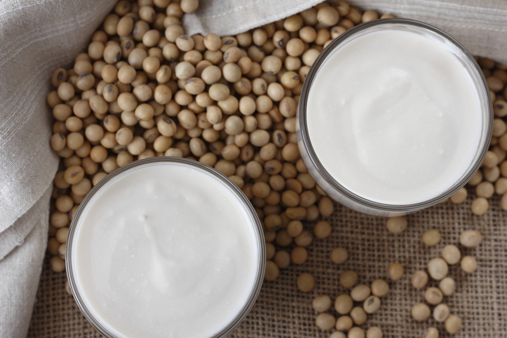 Sojaghurt im Glas und Sojabohnen